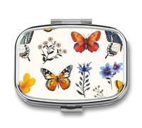Colorful Flowers Butterfly Pill Case Box with 2 Compartment Medicine Vitamin Organizer for Purse Pocket 5.5x4cm