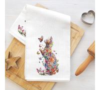 Colorful Flowers Cat Kitchen Towels, Durable Microfiber Tea Towels for Kitchen Home Bathroom Decor, Butterfly Floral Waffle Weave Dish Drying Towel, Cat Gifts for Women Mom Friend, 24x14 Inch