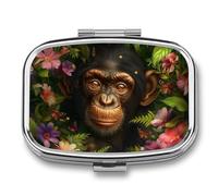 Colorful Flowers Gorilla Pill Case Box with 2 Compartment Medicine Vitamin Organizer for Purse Pocket 5.5x4cm