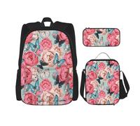 Colorful Flowers Print 3-in-1 Fashion Waterproof Oxford Backpack Set Lunch Bag | Stationery Bag Combo