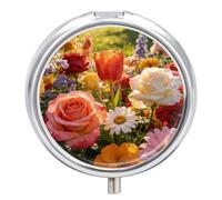 Colorful Flowers Round Pill Box with Mirror 3 Compartment Portable Pill Case for Travel Outdoor Use Cute Small Pill Organizer for Pocket Or Purse