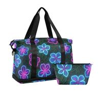 Colorful Fluorescent Neon Tropical Flowers Personal Item Travel Bag with Wet Pocket Adjustable Strap Gym Bag for Business Trips Foldable for men women