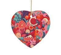 Colorful Food Patterns Ceramic Christmas Ornaments Double Sided Porcelain Hanging Heart Pendant for Xmas Tree, Holiday Home Decor and Gift Party Decorations