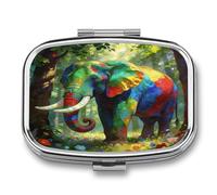 Colorful Forest Elephant Pill Case Portable Medicine Organizer Travel Daily Pill Box Small Metal Medicine Box for Purse Pocket Pill Container Holder Two Compartments Medication Holder