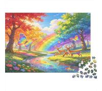 Colorful Forest Rainbow 1000 Piece Jigsaw Puzzle Paper Puzzle for Adults Deer and Butterfly Nature Relaxation Focus Home Decor 70x50cm/1000pcs