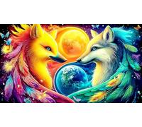 Colorful-Fox-and-Wolf-with-Earth-Moon 1000 Piece Jigsaw Puzzle for Adults - Recycled Cardboard Decoration 75x50cm/1000pcs