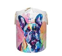 Colorful French Bulldog Print Drawstring Laundry Basket, Large Foldable Laundry Hamper with Lid Thick Polyester Fabric Lightweight Storage Basket for Clothes Toys Dorm Bathroom