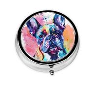 Colorful French Bulldog Print Round Pill Box with 3 Compartments, Mini Metal Pill Organizer for Purse or Pocket, Lightweight Portable for Daily Use Gifts Travel