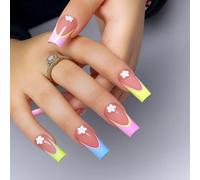 Colorful French Flower Press on Nails Long Square Shape - Nude Pink Base Neon Yellow Blue and Pink Tips White Flower Accents Glossy Fake Nails - 24 PCS for Women Playful French Tip Style