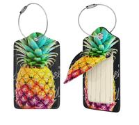 Colorful Fruit Pineapple Luggage Tag PU Leather Suitcase Tags Identifiers Travel Tags with Privacy Protection and Stainless Steel Loop Luggage Bag Tag for Women Men, Black, 4 pcs