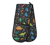 Colorful Funny Dinosaurs with Forest Palm Leaves on Black Double Oven Mitt Gloves Extra Long Potholder High Heat Resistant for Baking Cooking Baking Grilling Handling Hots Pans 35"x7"