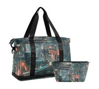 Colorful Future City 3d Gym Tote Bag Carry On Shoulder Weekend Tote with Adjustable Strap for Workout Foldable, Colorful Future City 3D, One Size