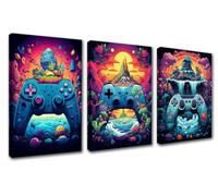 Colorful Game Controller Canvas Wall Art Boy Gift Picture Wall Decor Watercolor Gaming Themed Natural Scenery Prints Poster for Office Home Wall Decor Modern Artwork Stretched Easy to Hang 42”Wx20”H
