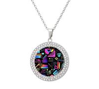 Colorful Geometric 90s Pattern Round Pendant Necklace Diamond Edging Brilliant Personalized Jewelry Gifts for Women Silver-style
