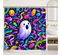 Colorful Ghost Shower Curtain, Fun Halloween Decor with Happy Emoticon Faces and Spirals, Vibrant Modern Waterproof Fabric Shower Curtain for Kids Bathroom 72x84 Inch