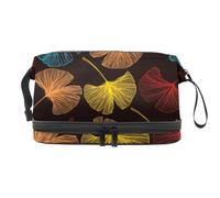 Colorful Gingko Biloba Leave on Black Double Layer Cosmetic Bag for Women and Girls, Travel Toiletry Bag Makeup Handy Pouch Organiser Bag with Brush Compartment