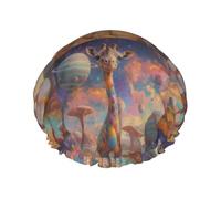 Colorful Giraffe and Planet in Space Shower Cap Dual-Layer Design Reusable Waterproof Comfortable Stylish