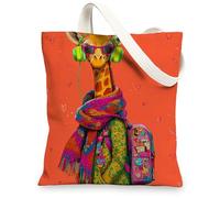 Colorful Giraffe Canvas Tote Bag, Fun Animal Print Reusable Shopping Bag, Vibrant Lightweight Washable Shoulder Strap, Orange, 13x15 Inch