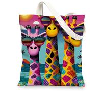 Colorful Giraffe Canvas Tote Bags, Fun Pattern Reusable Grocery Bags, Lightweight Washable Shoulder Strap Canvas Bags for Gym Outdoor Travel Beach Picnic 13x15 Inch