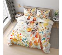 Colorful Giraffe Double Duvet Cover Set, Watercolor Cartoon Giraffes Bedding Set 200x200cm, Microfiber Soft Reversible Quilt Cover + 2 Pillowcase, Zipper Closure, Bedroom Decor PZ&S-23