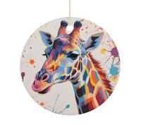 Colorful Giraffe Painting Double-Sided Ceramic Christmas Ornaments - Round Hanging Mini Xmas Tree Decorations, Ideas for Farmers, Rustic Home Decor for Indoor Outdoor Tree Decor