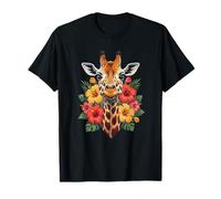 Colorful Giraffe with Tropical Hibiscus Flowers T-Shirt