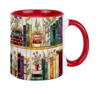 Colorful Glass Bookshelf Art Coffee Cup, Elegant Book Lover Illustration Cup, Art Reading Theme Ceramic Cups