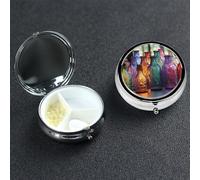 Colorful Glass Bottle Pill Box with Mirror 3 Compartment Decorative Pill Case for Purse or Pocket Small Round Pill Organizer Weekly Metal Medicine Tablet Vitamin Holder Travel Gift
