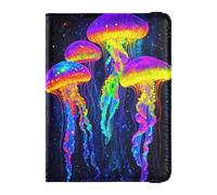 Colorful Glowing Jellyfish Leather Passport and Vaccine Card Wallet Combo Travel Passport Wallet With Vaccination Card Slot Passport Holder Case for Women and Men Waterproof