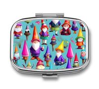 Colorful Gnomes Pill Box - 2 Compartment Travel Pill Organizer with Small Mirror, Portable Pillcase for Pocket & Purse, Cute Square Medicine Case, Weekly Medicine Container