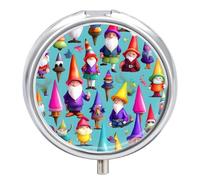 Colorful Gnomes Pill Box - 3 Compartment Travel Pill Organizer with Small Mirror, Portable Pillcase for Pocket & Purse, Cute Round Medicine Case, Weekly Medicine Container