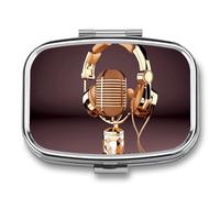 Colorful Gold Microphone & Earphone Pill Box, Portable Travel Pill Organizer, Retro Durable and with 2 Compartments for Vitamins, Medicine, Fish Oil and Supplements