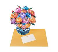 Colorful Grace Peony Bouquet in Blue Vase 3D Pop Up Greeting Card