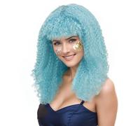 Colorful Gradient Cosplay Wig Fancy Party Multicolor Explosive Curls Masquerade Show Dress Up Fluffy Long Hair Costume Party(Blue)