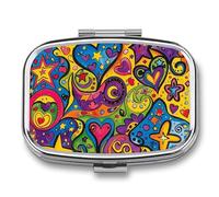 Colorful Graffiti Pattern Pill Box 2 Compartment, Portable Pill Case with Mirror for Pocket Purse Travel, Mini Metal Medicine Organizer for Vitamins Fish Oil