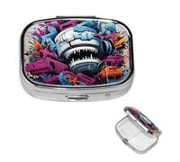 Colorful Graffiti Pill Box 2 Compartment Square Portable Pill Case for Pocket or Purse Small Weekly Medicine Planner Travel Pillbox with Mirror Decorative Metal Vitamin Holder Gifts