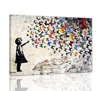 Colorful Graffiti Street Canvas Wall Art Funny Butterfly Banksy Street Art Mural Pop Art Modern Home Office Wall Decor Framed Canvas Wall Art Decor for Study Room Walls Easy to Hang - 28x44inch