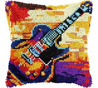 Colorful Guitar Latch Hook Kits Pillow DIY Rug Crochet Hook Cushion Making Kits Preprinted Pattern Canvas DIY Handmade Rug Pillow Hooking Kits for Home Decor 43x43cm (H252)