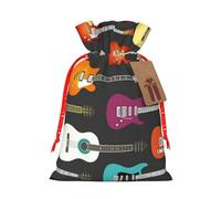 (Colorful Guitars) Print Christmas New Year Candy Gift Bag, Red Xmas Ribbon Drawstring Bags for Kids Xmas Holiday Eve Presents M Size