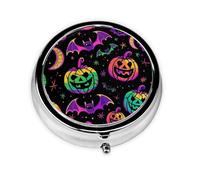 Colorful Halloween Pumpkins Bat Round Pill Box with 3 Compartments, Mini Metal Pill Organizer for Purse or Pocket, Lightweight Portable for Daily Use Gifts Travel