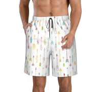 Colorful Hand Drawn Art with Boho Style Arrows Print Men's Quick Dry Swim Shorts, Beach Board Trunks with Pockets for Summer Casual Wear White