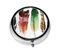 Colorful Hand Drawn Feathers On White Print Pill Box for Pocket Round Pill Box 3 Compartment Decorative Portable Travel Pill Holder Tablet Vitamin Organizer Mini Pill Case(2pcs)