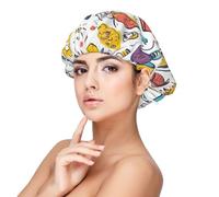 Colorful Hand Drawn Feathers On White Print Sleeping caps for Women to Protect Hair, Comfortable Nightcap for Curly and Long Hair, Black, One size