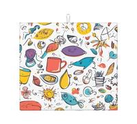 Colorful Hand Drawn Feathers On White Print Upgrade Draining Mat, Soft Polyester Dish Drying Mat for Kitchen Drainers for Kitchen Utensils