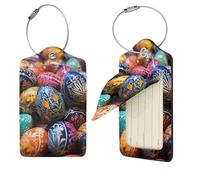 Colorful Hand Painted Easter Eggs Luggage Tag for Suitcase PU Leather Suitcase Tag with Stainless Steel Loop and Address Card Baggage Tags Cute Bag Name Travel Tags ID Labels for Women Men 4 PCS