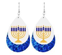Colorful Hanukkah Menorah Candle Dangle Earrings for Women Blue White Gliter Leather Teardrop Israel Star of David Menorah Earring Jewish Chanukah Christmas Holiday Jewelry Gifts, Acrylic, No Gemstone