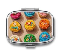 Colorful Happy Birthday Cupcakes Pill Box 2 Compartment - Small Metal Medicine Organizer Portable Pill Case for Purse Pocket Travel Vitamin Organizer for Men Women, BPA-Free