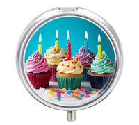 Colorful Happy Birthday Cupcakes Pill Box, 3 Compartment Small Pill Case Waterproof Travel Pill Organizer for Pocket Or Purse Portable Mini Medicine Tablet Vitamin Holder Pill Case