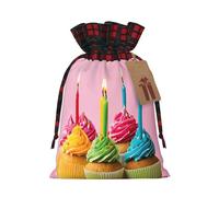 Colorful Happy Birthday Cupcakes -Print Burlap Drawstring Bags Plaid Design, Eco-Friendly Party Favors Packaging For Christmas Birthday.