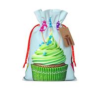 (Colorful Happy Birthday Cupcakes) Print Christmas New Year Candy Gift Bag, Red Xmas Ribbon Drawstring Bags for Kids Xmas Holiday Eve Presents S Size